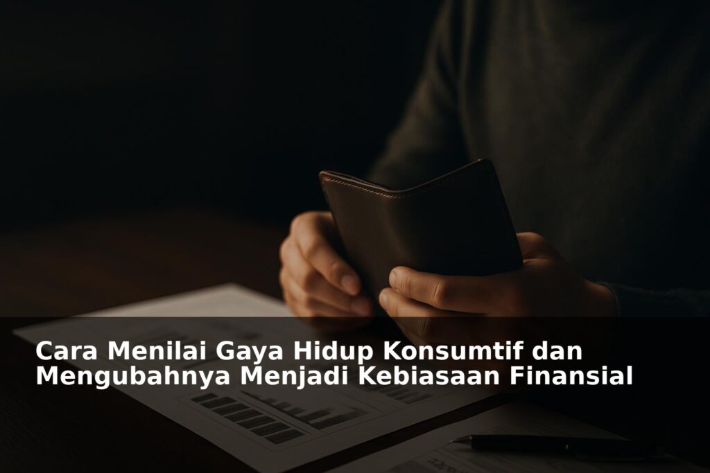 Ilustrasi seseorang memegang dompet dan rencana keuangan sehat di meja kerja