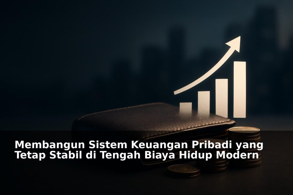 Ilustrasi sistem keuangan pribadi yang stabil dengan simbol uang dan grafik pertumbuhan di latar belakang modern