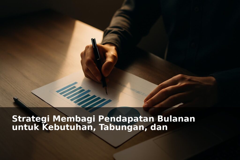 Ilustrasi pembagian pendapatan bulanan dengan grafik dan simbol tabungan serta pengembangan diri
