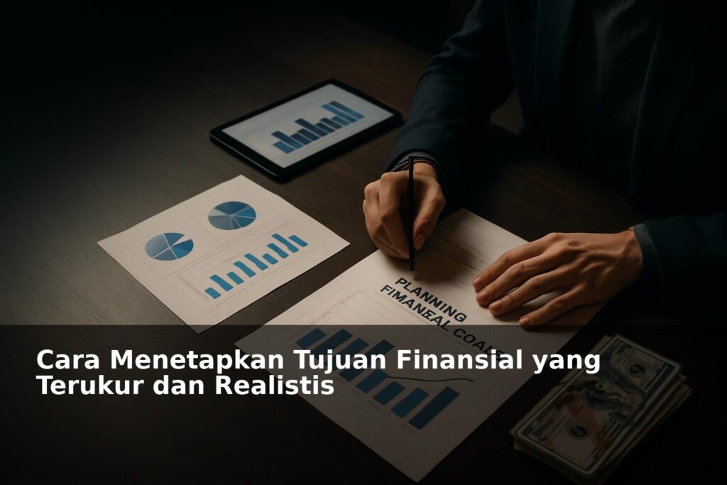 Ilustrasi perencanaan tujuan finansial yang terukur dan realistis dengan grafik dan catatan keuangan