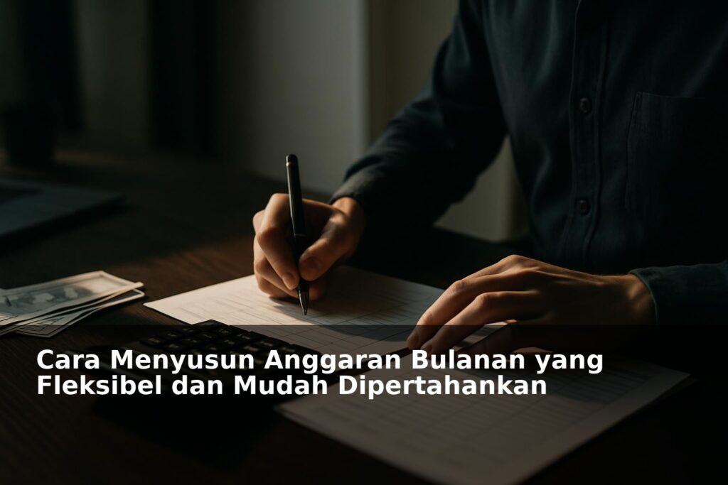 Ilustrasi perencanaan anggaran bulanan dengan catatan dan kalkulator di meja kerja