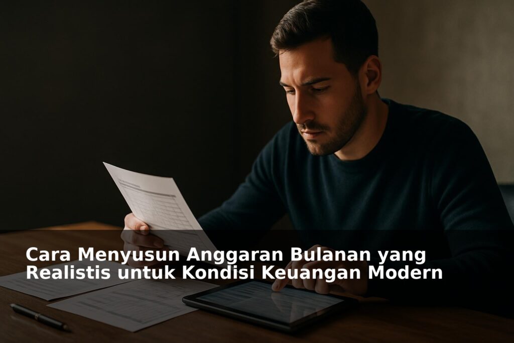 Visual ilustrasi perencanaan anggaran bulanan dengan gadget dan dokumen keuangan