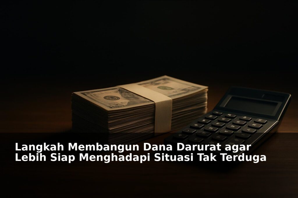Ilustrasi tabungan dana darurat dengan uang dan kalkulator di meja