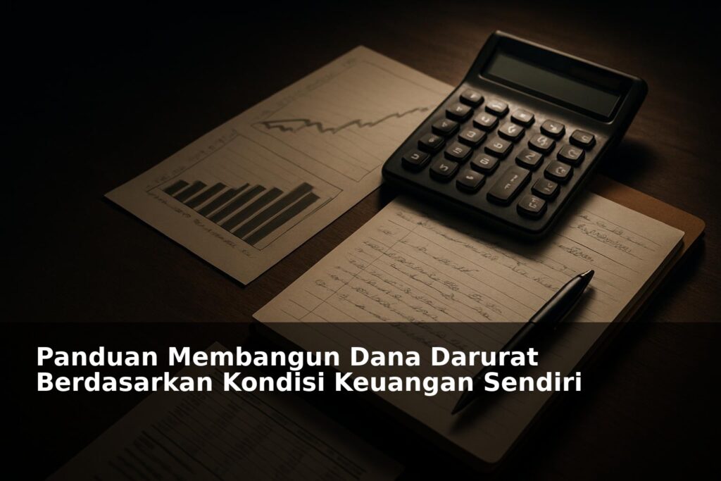Ilustrasi perencanaan dana darurat dengan grafik keuangan dan kalkulator di meja kerja