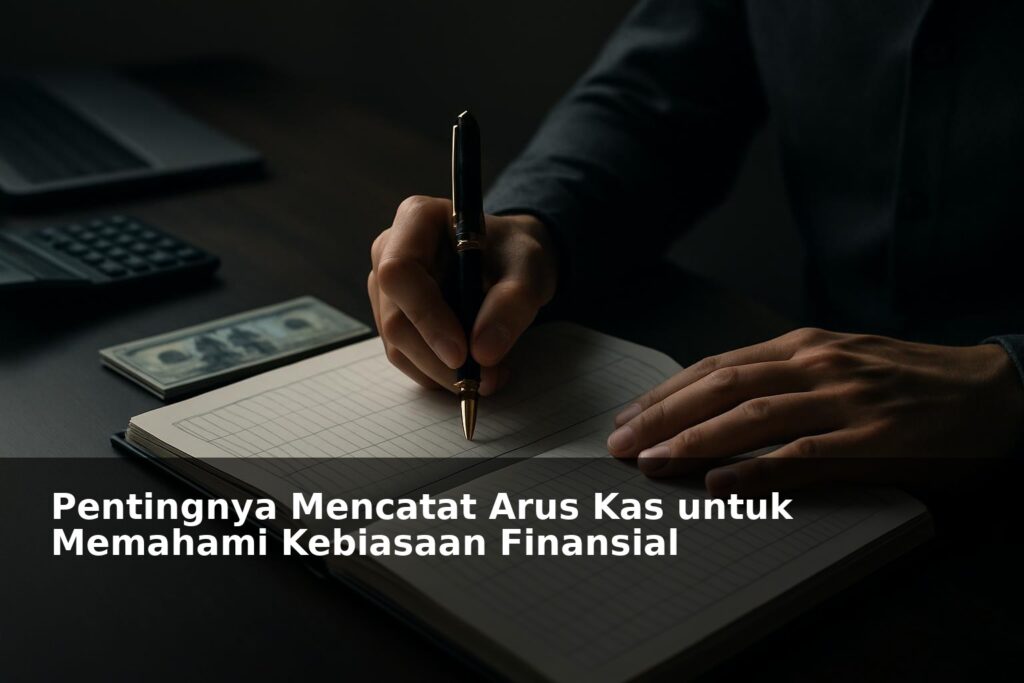 Ilustrasi pencatatan arus kas pada buku keuangan dengan latar kerja modern