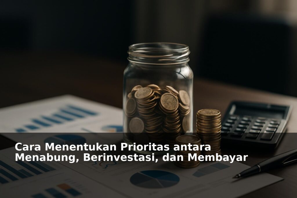 Ilustrasi perencanaan keuangan dengan simbol menabung, investasi, dan bayar utang