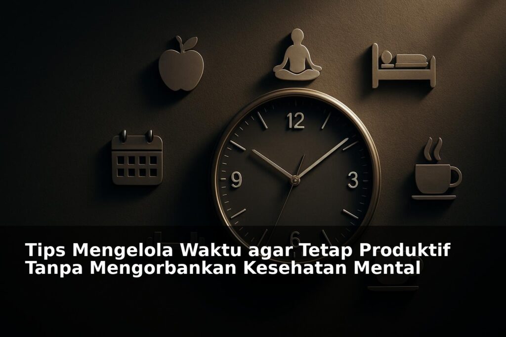 Ilustrasi manajemen waktu dengan jam dan aktivitas sehari-hari yang seimbang
