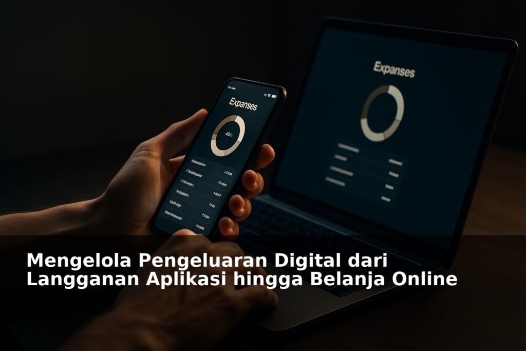Ilustrasi pengelolaan pengeluaran digital dengan gadget dan aplikasi keuangan