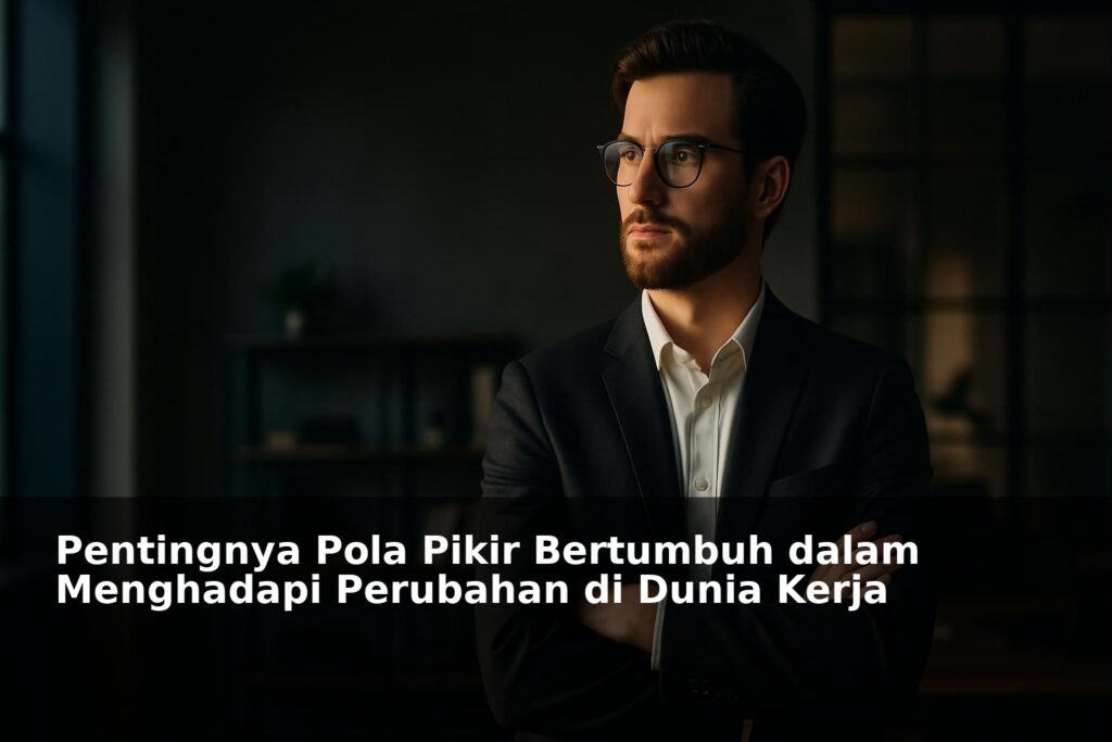Ilustrasi pola pikir bertumbuh dalam dunia kerja dengan seorang profesional berpikir positif