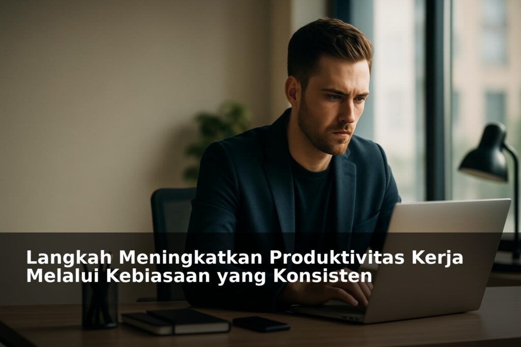 Ilustrasi seseorang bekerja fokus dengan kebiasaan produktif di lingkungan kerja modern