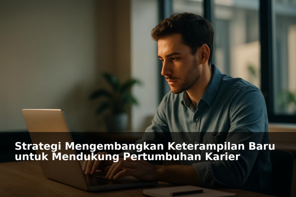 Seorang profesional sedang belajar keterampilan baru di depan laptop dengan suasana kerja modern