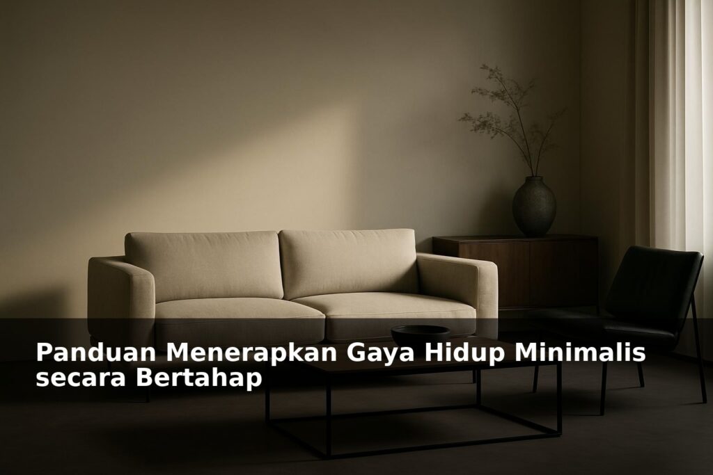 Ilustrasi ruang minimalis modern dengan furnitur simpel dan ruang kosong di sisi kiri untuk teks