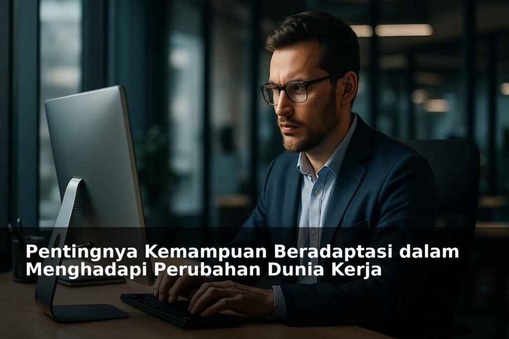 Seorang profesional sedang bekerja dengan latar belakang kantor modern, simbol kemampuan beradaptasi di dunia kerja