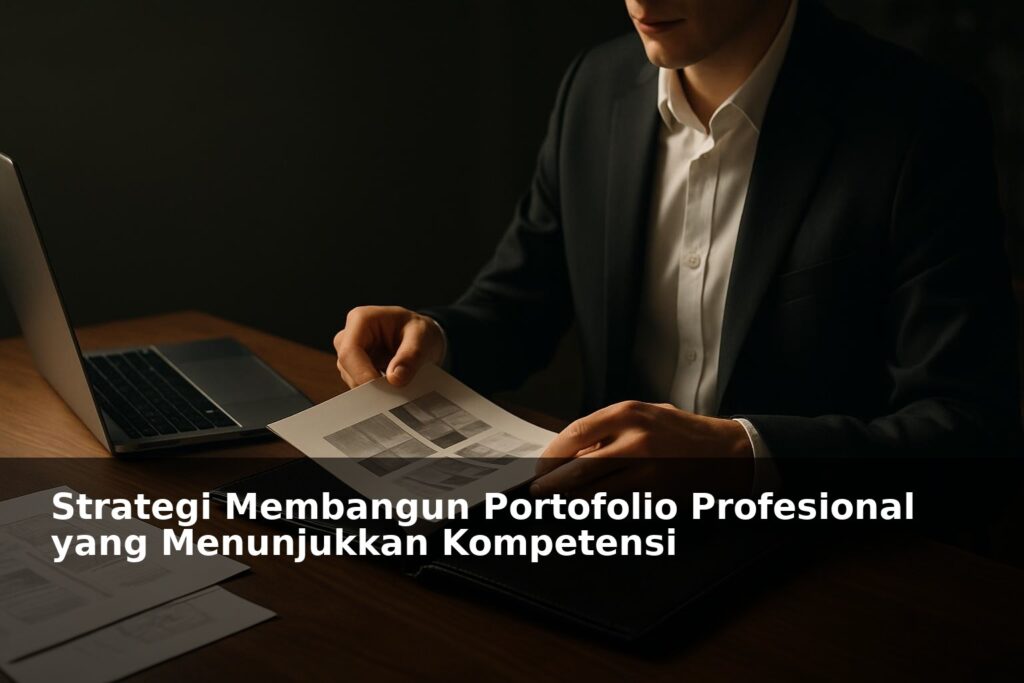 Ilustrasi portofolio profesional dengan laptop dan dokumen kerja