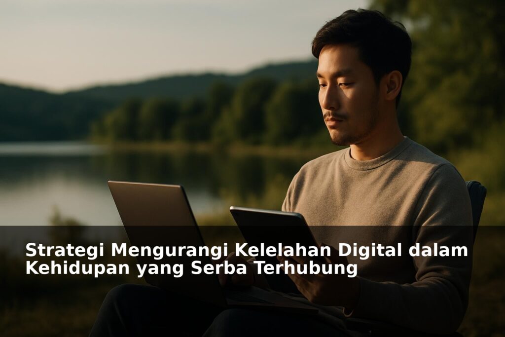 Orang menggunakan perangkat digital dengan ekspresi rileks di lingkungan alami
