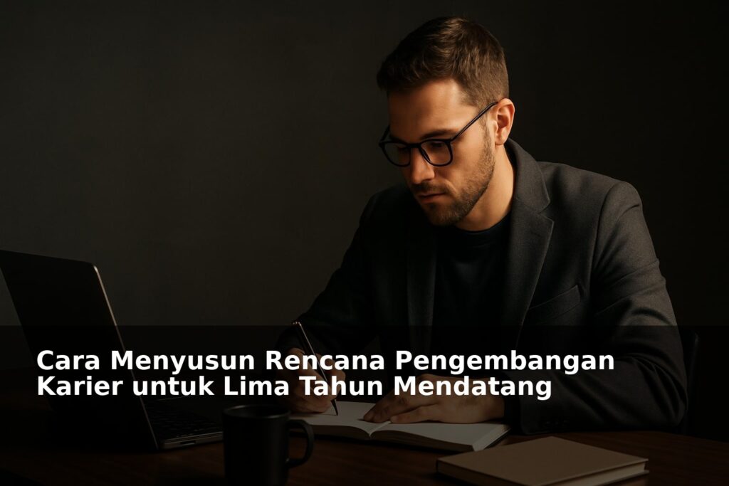 Seorang profesional sedang menyusun rencana karier dengan laptop dan catatan di meja kerja